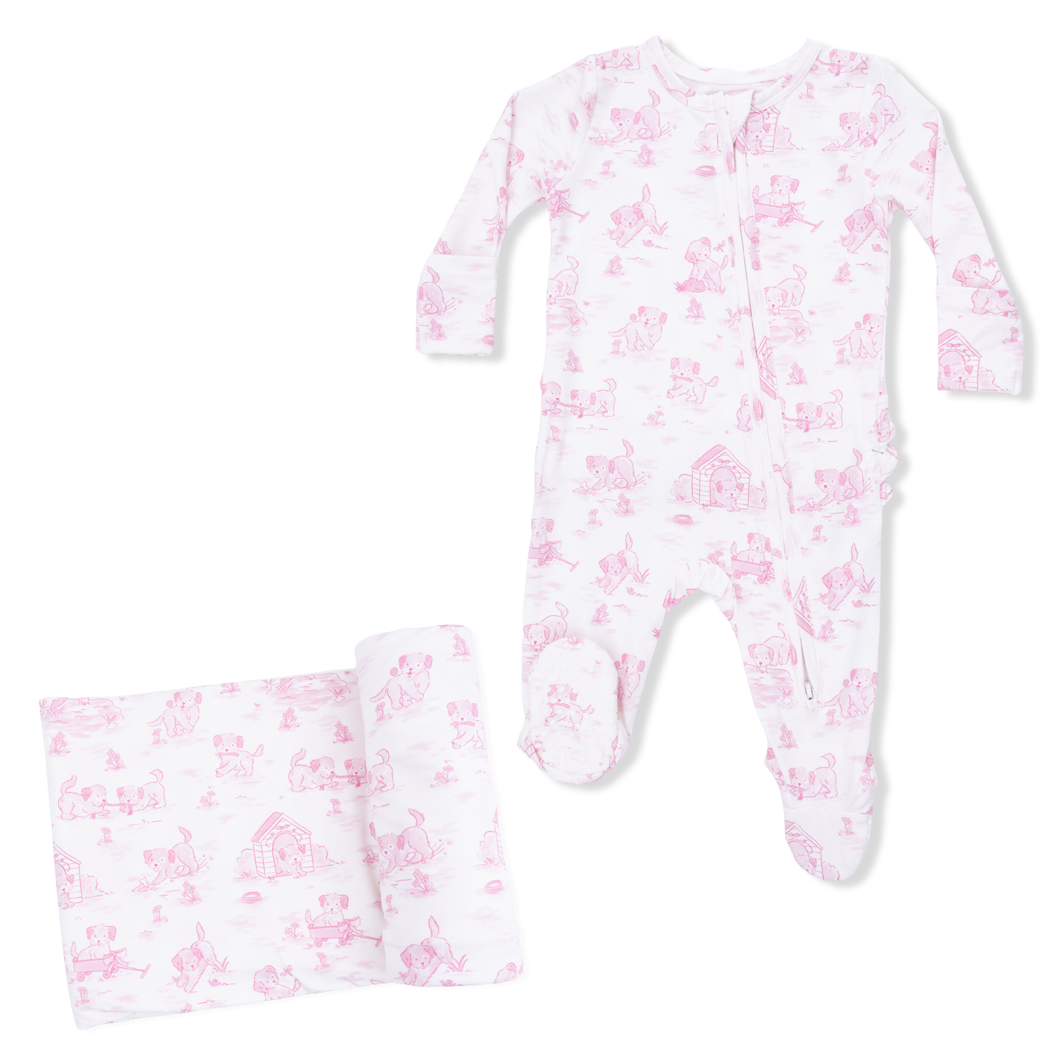 Puppy Toile Pink - 2 Way Ruffle Back Zipper Footie & Swaddle Blanket Set-Angel Dear