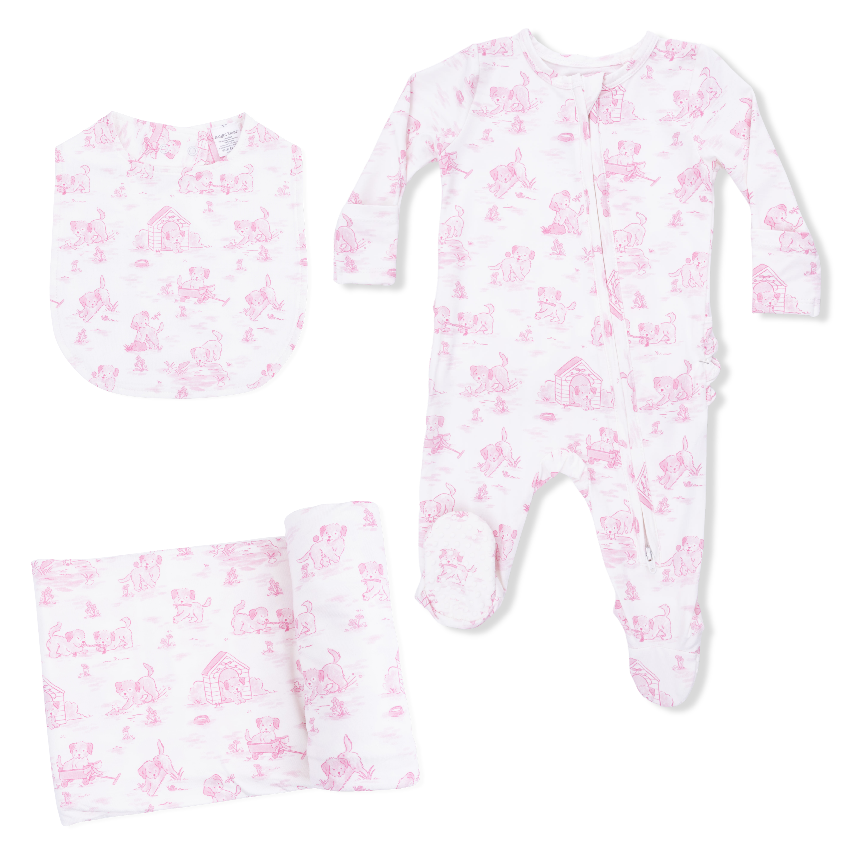 Puppy Toile Pink - 2 Way Ruffle Back Zipper Footie with Bandana Bib, and Swaddle Blanket Set-Angel Dear