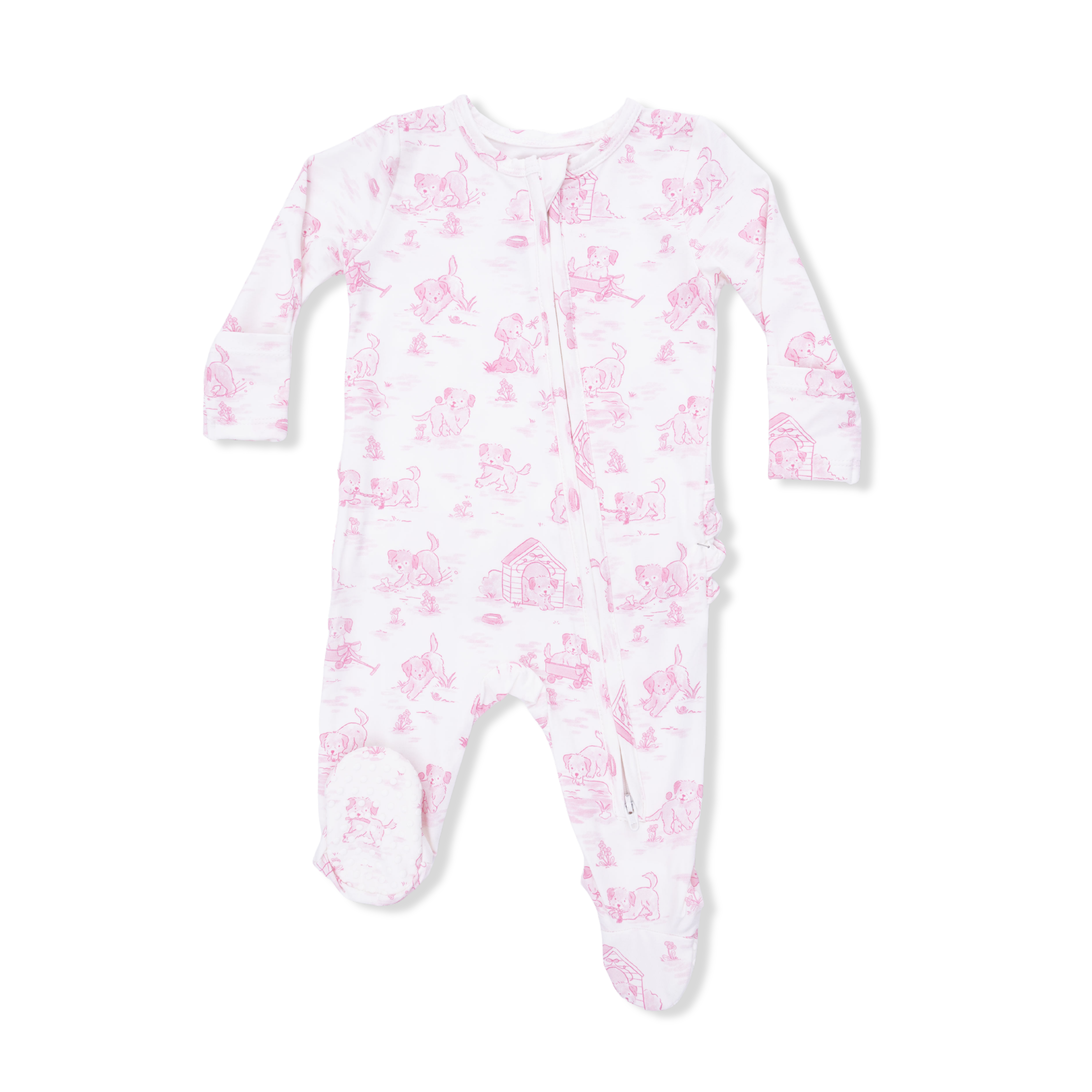 Puppy Toile Pink - 2 Way Ruffle Back Zipper Footie-Angel Dear