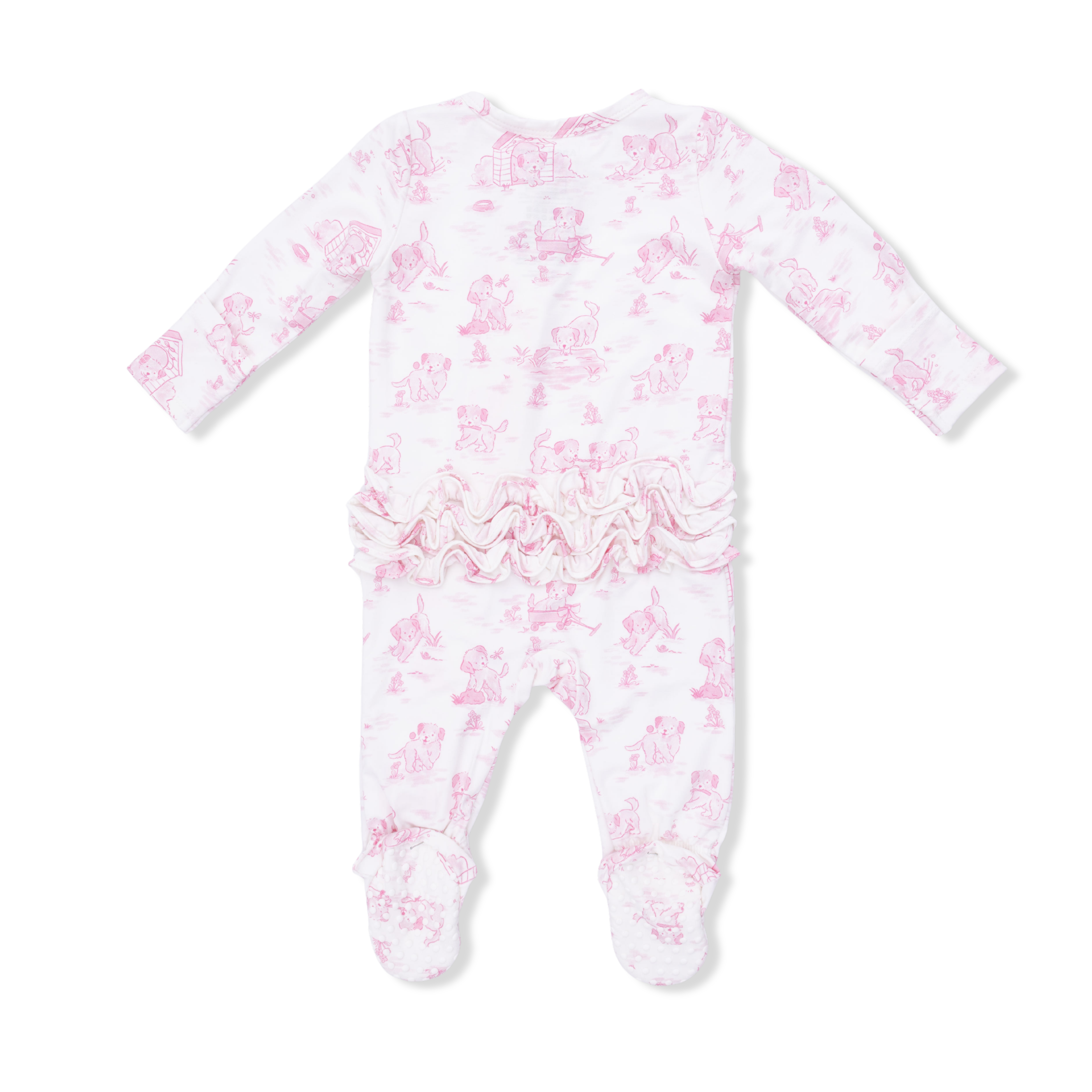 Puppy Toile Pink - 2 Way Ruffle Back Zipper Footie & Swaddle Blanket Set-Angel Dear