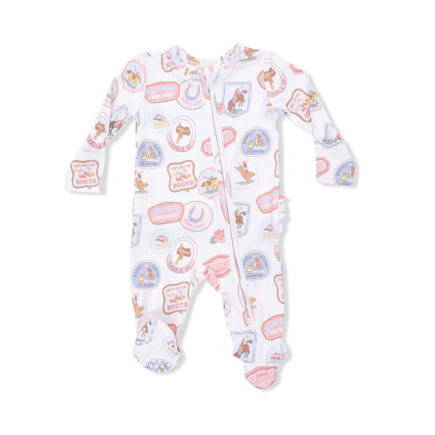 Rodeo Patches Pink - 2 Way Ruffle Back Zipper Footie-Angel Dear