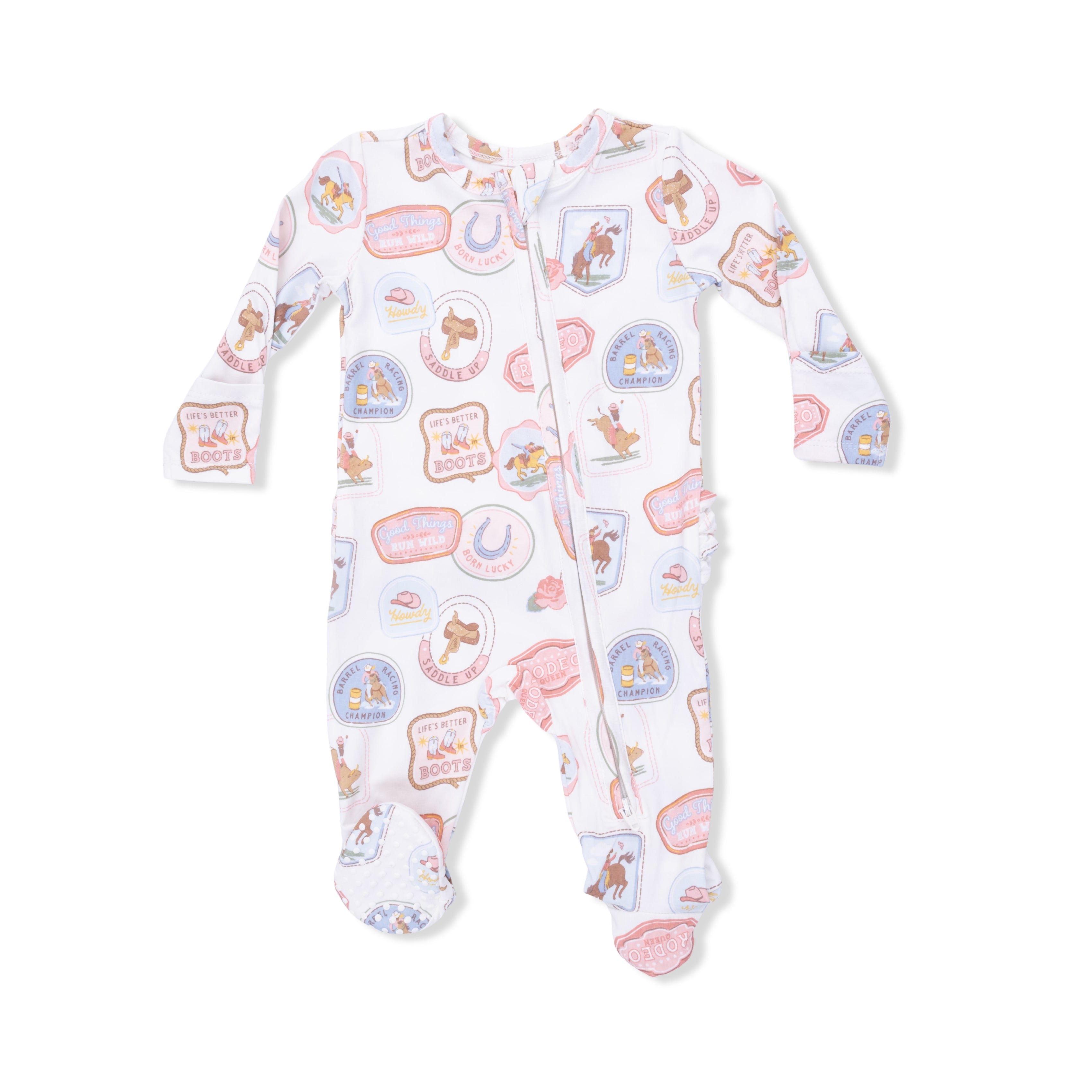 Rodeo Patches Pink - 2 Way Ruffle Back Zipper Footie-Angel Dear