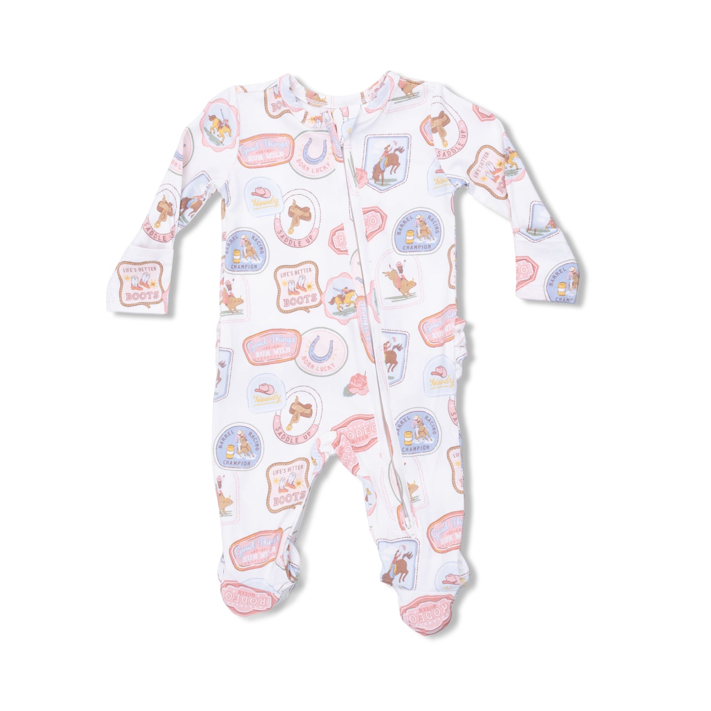 Rodeo Patches Pink - 2 Way Ruffle Back Zipper Footie-Angel Dear