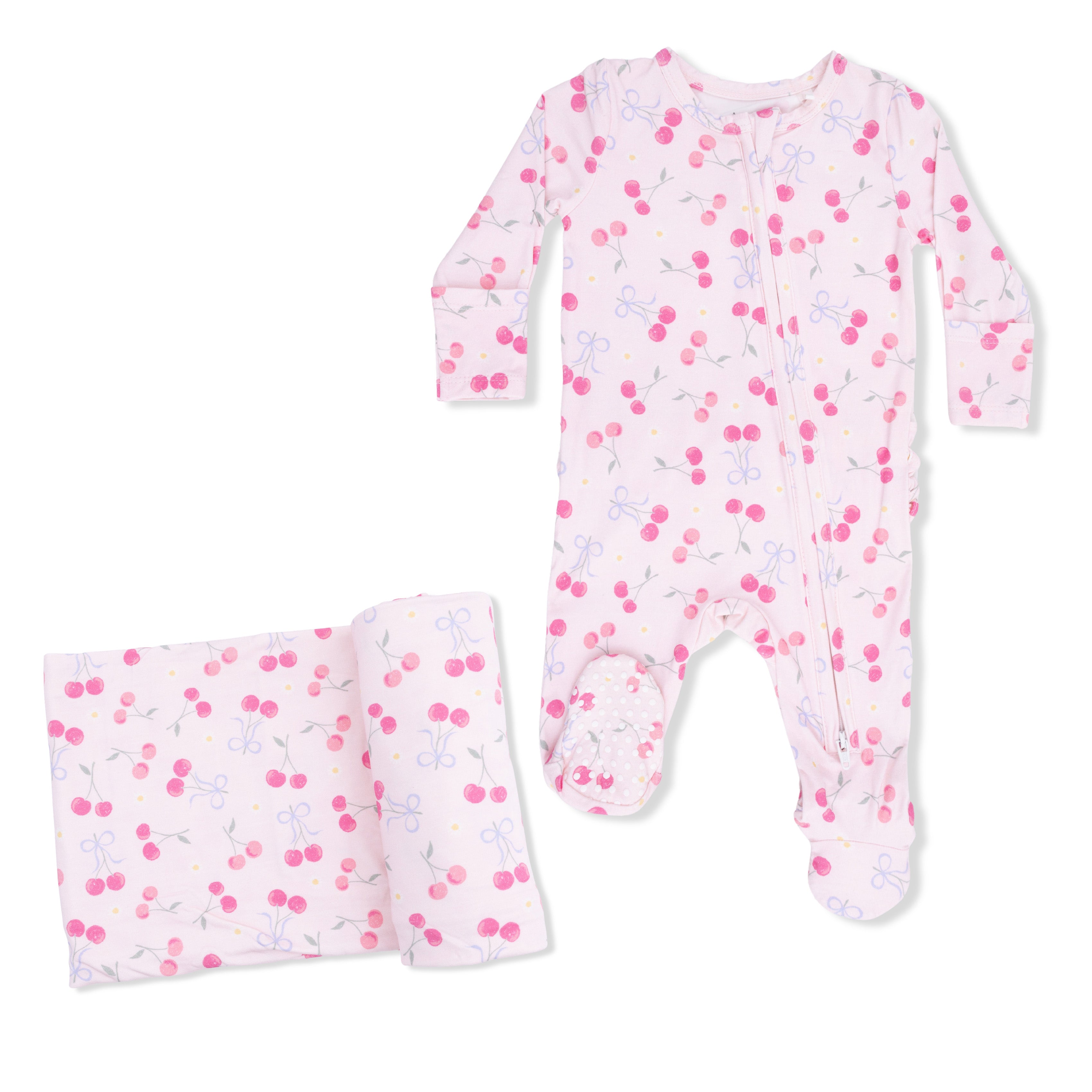 Sweet Bow Cherries - 2 Way Ruffle Back Zipper Footie & Swaddle Blanket Set-Angel Dear