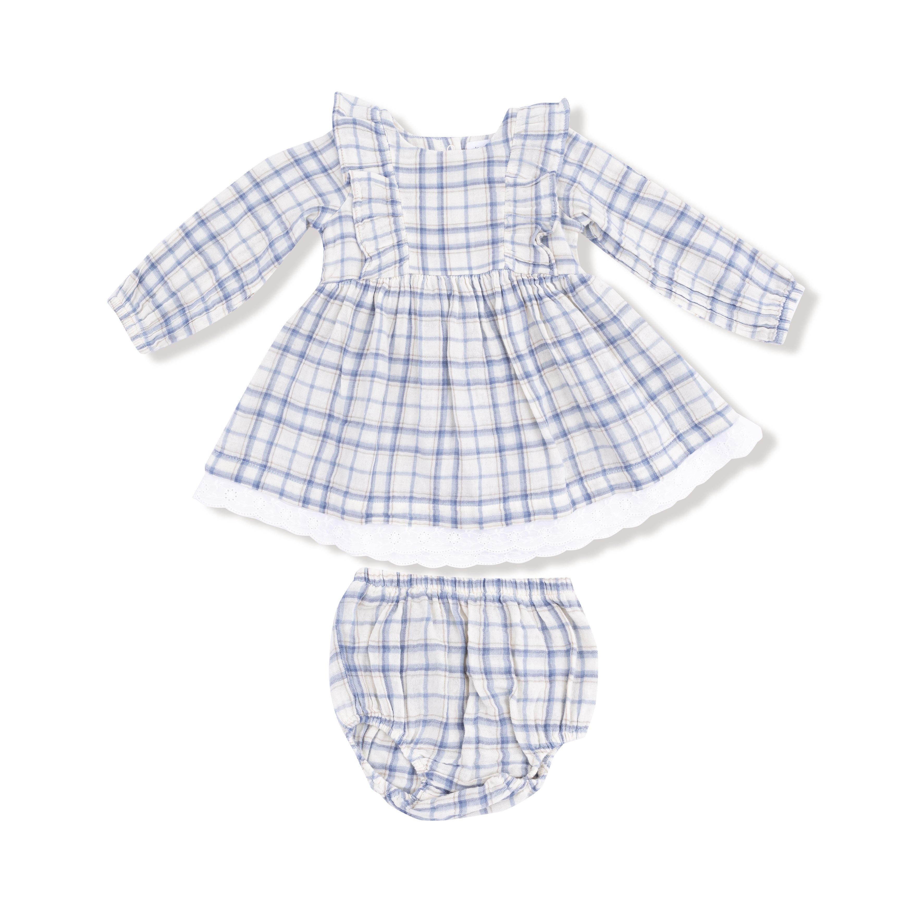 Long Sleeve Dress and Bloomer (2T to 4T Dress Only) in our  Blue Plaid print from Angel Dear