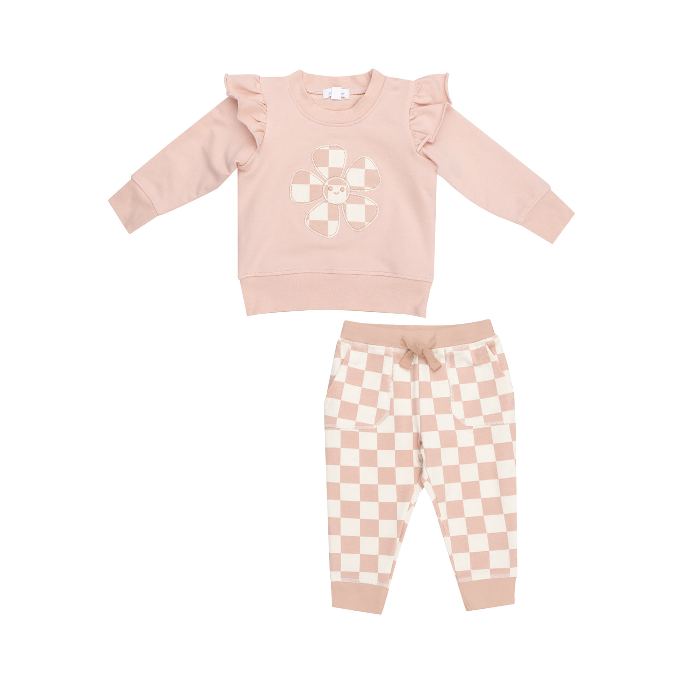 Ruffle Sweatshirt + Paperbag Jogger - Checkerboard Pink-Angel Dear