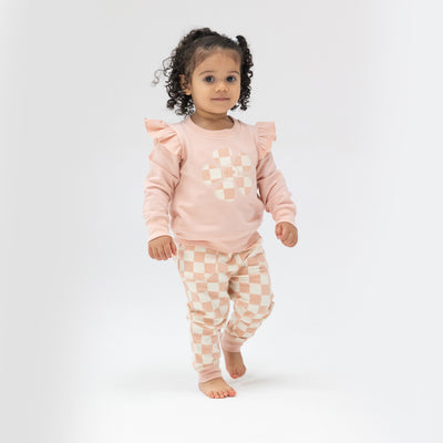 Ruffle Sweatshirt + Paperbag Jogger - Checkerboard Pink-Angel Dear