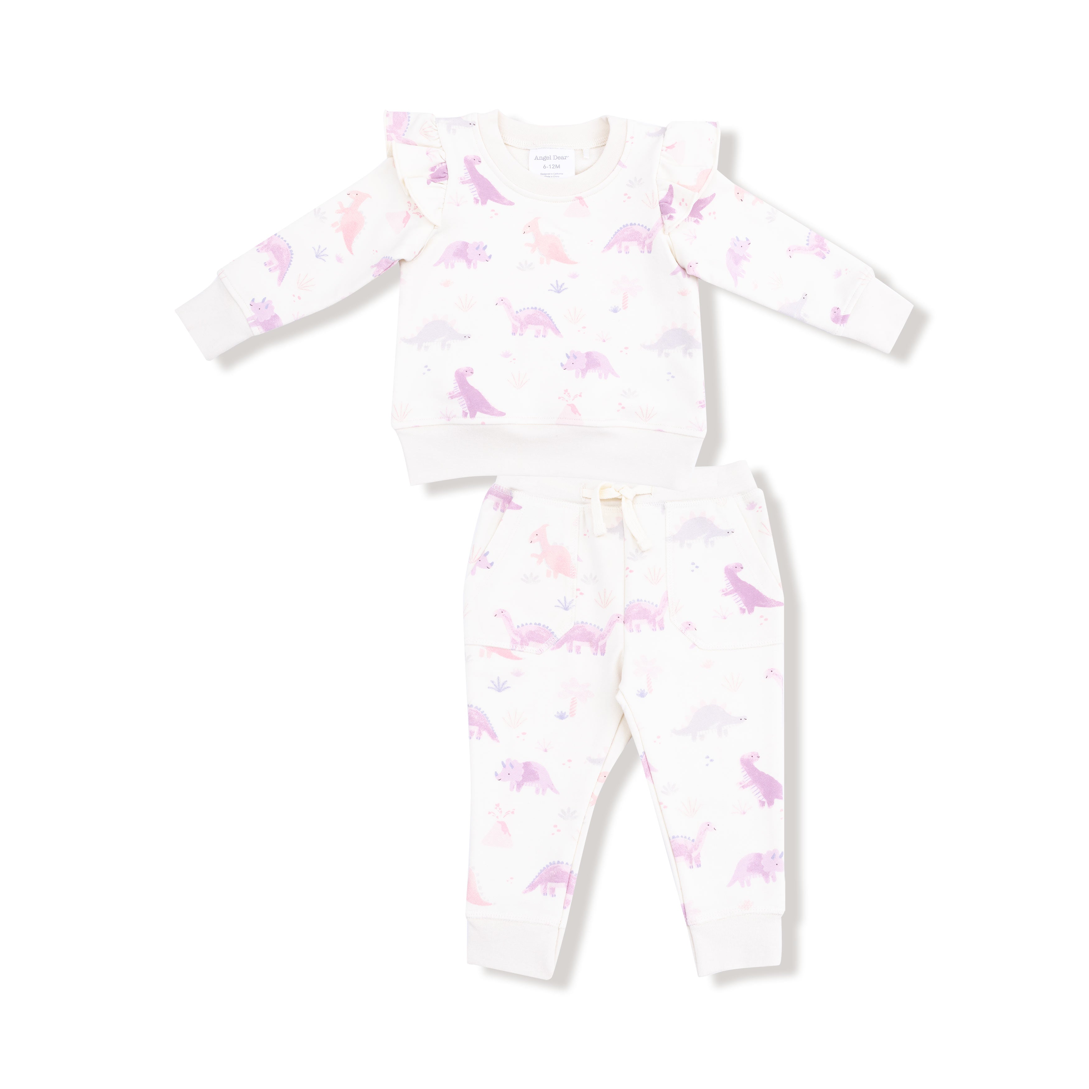 Ruffle Sweatshirt and Jogger Pant in our  Soft Dinos- Purple print from Angel Dear