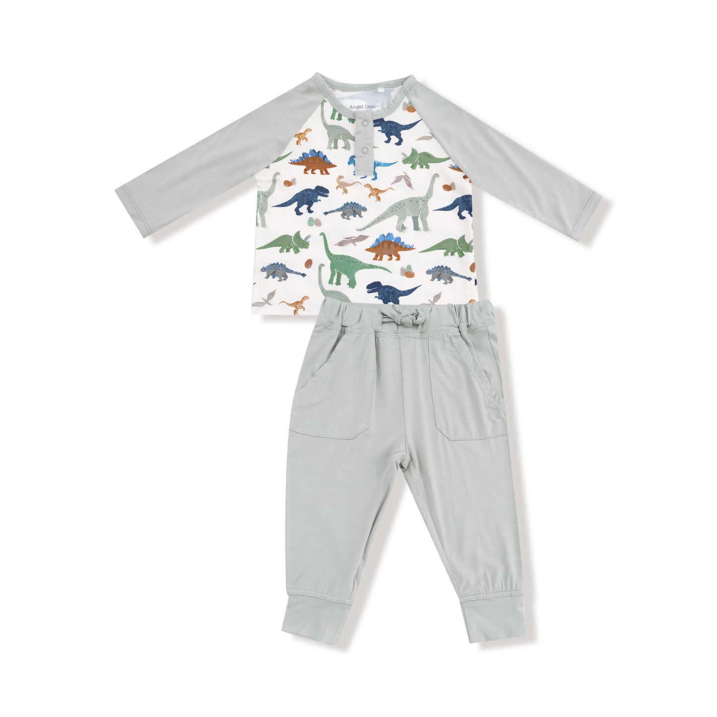 Long Sleeve Raglan Henley + Jogger in our  Washy Dinos print from Angel Dear