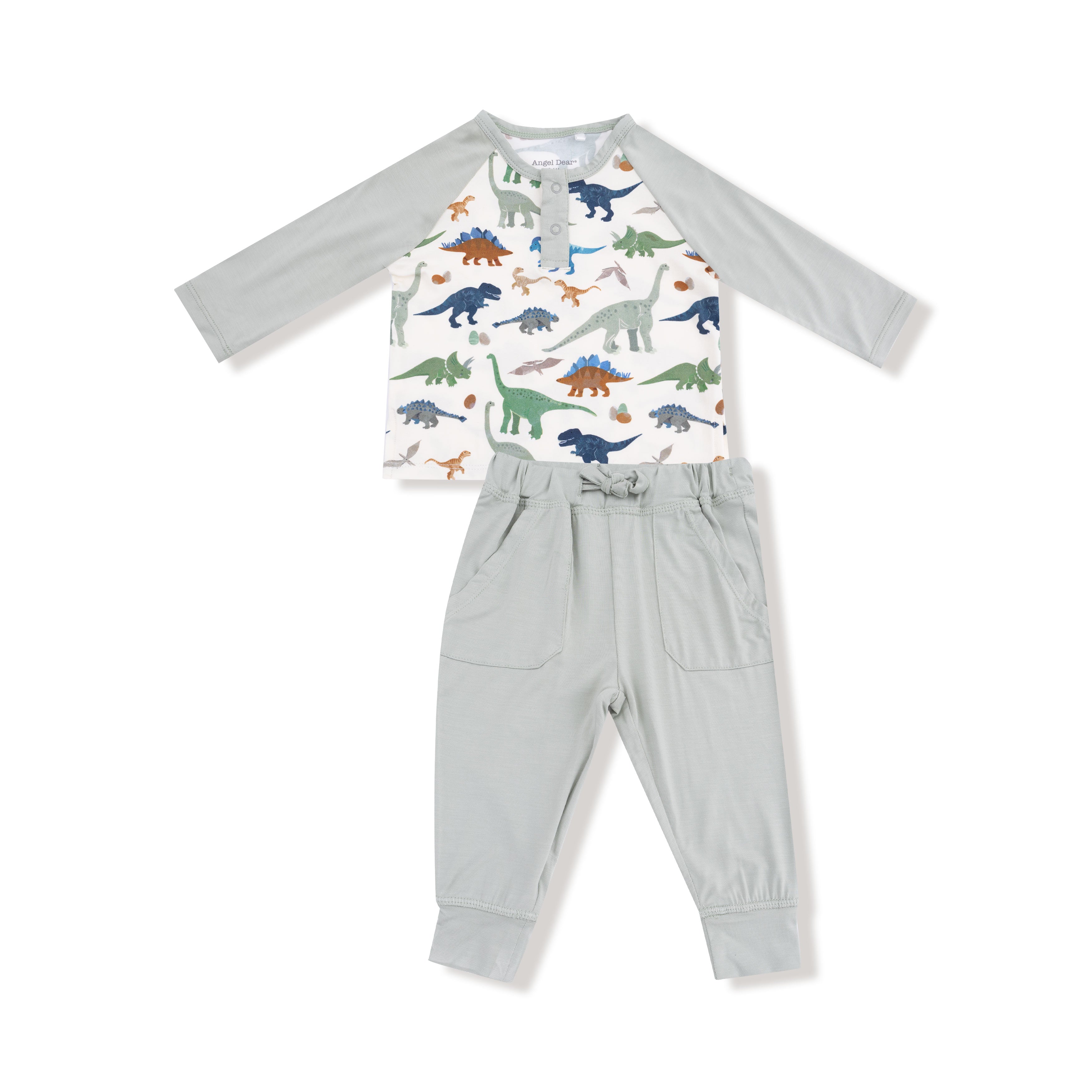 Long Sleeve Raglan Henley + Jogger in our  Washy Dinos print from Angel Dear