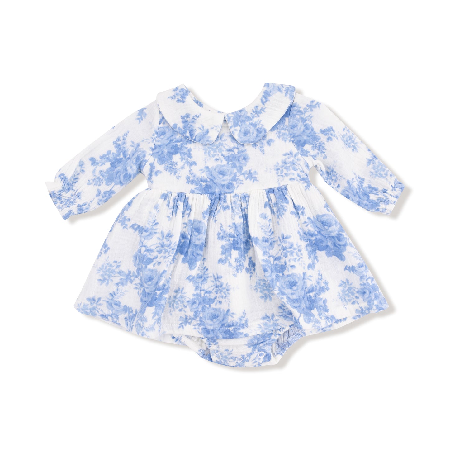 Long Sleeve Peter Pan Collar Bubble with Skirt in our  Dream Cottage Floral Blue print from Angel Dear