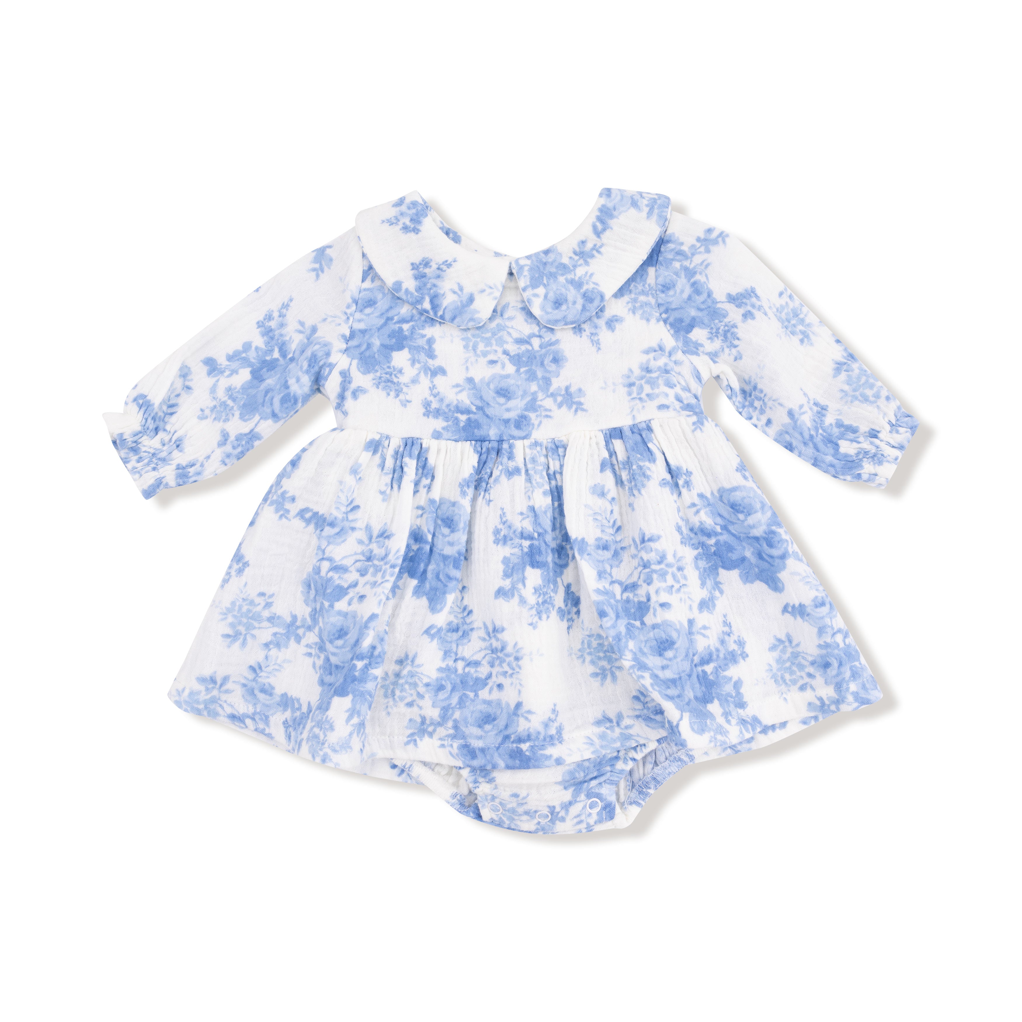 Long Sleeve Peter Pan Collar Bubble with Skirt in our  Dream Cottage Floral Blue print from Angel Dear