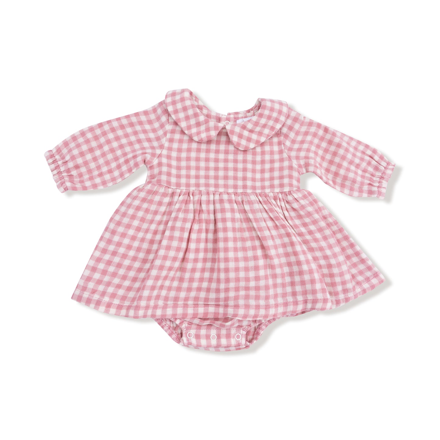 Peter Pan Collar Bubble with Skirt in our  Rose Pink Plaid print from Angel Dear
