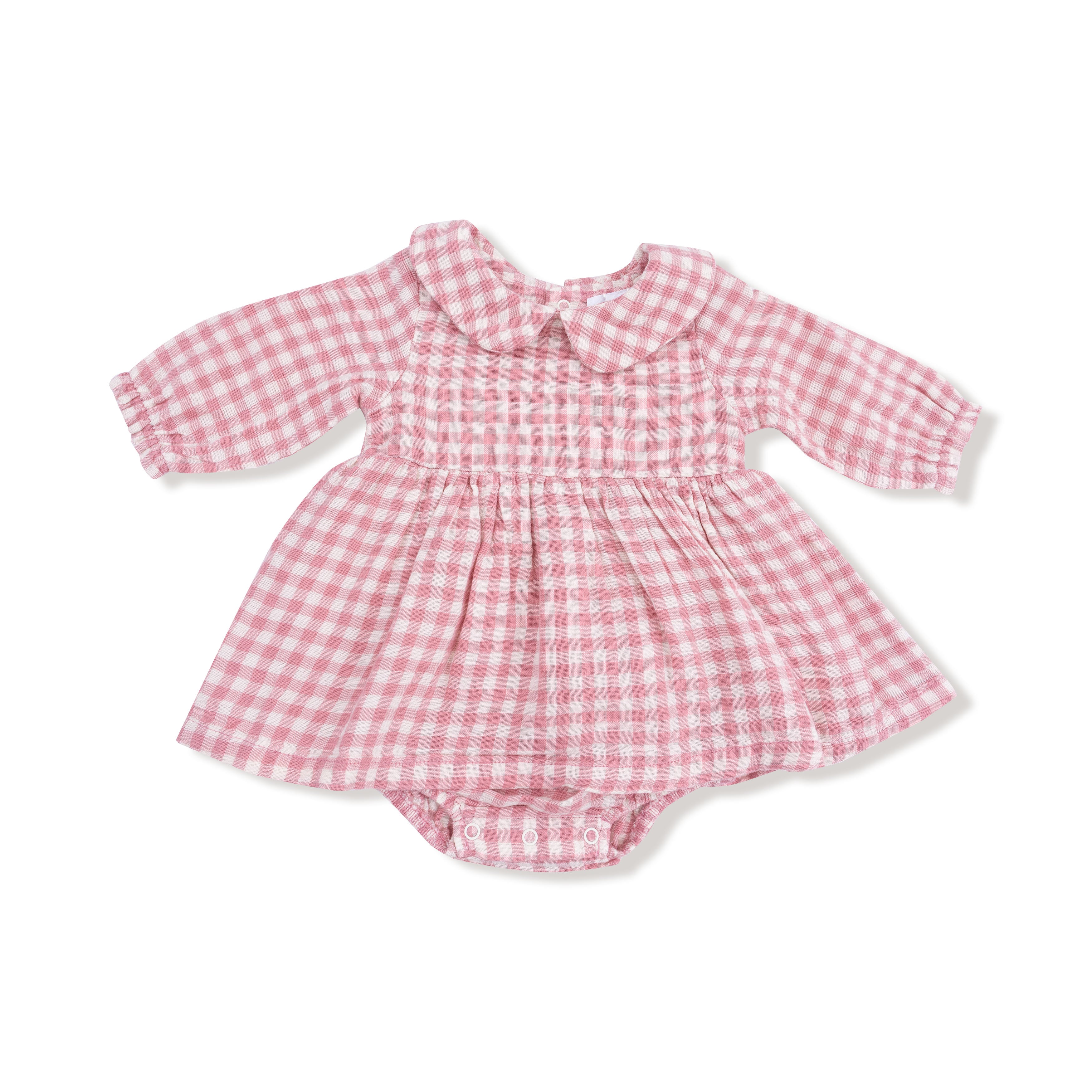 Peter Pan Collar Bubble with Skirt in our  Rose Pink Plaid print from Angel Dear