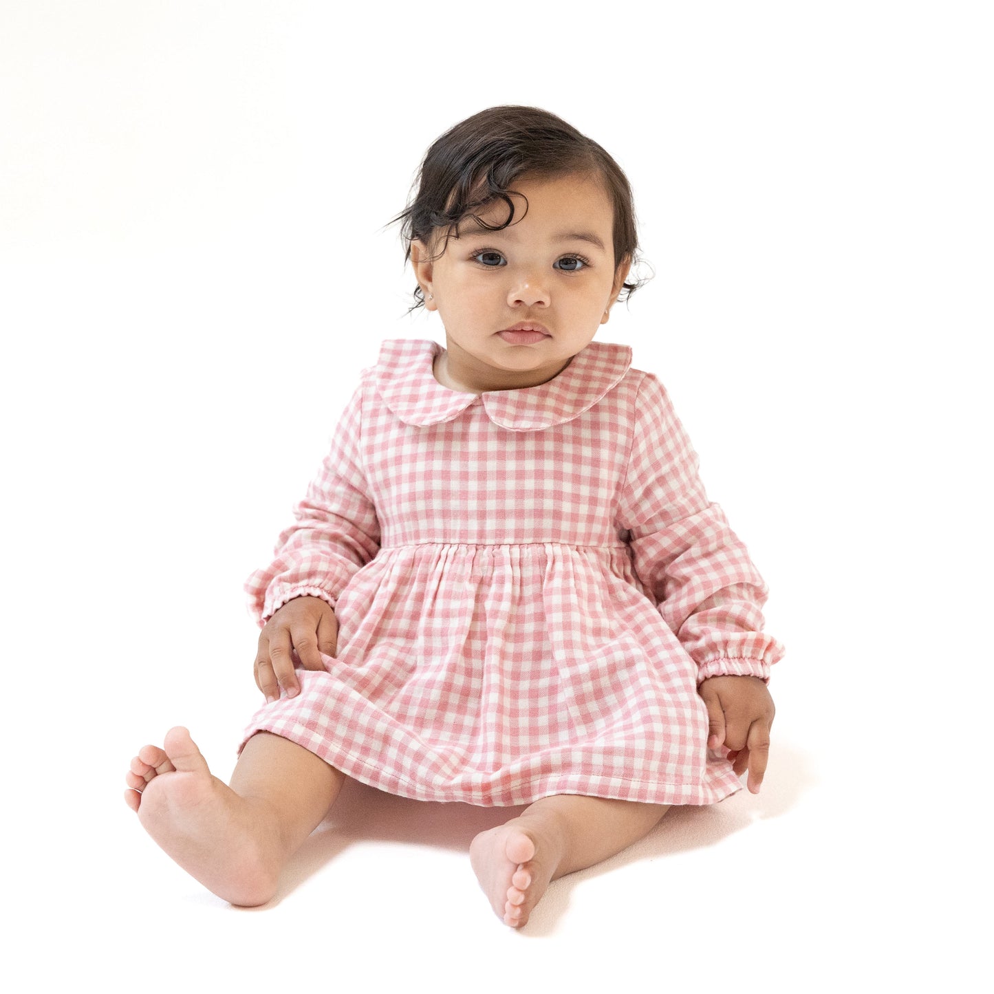 Peter Pan Collar Bubble with Skirt in our  Rose Pink Plaid print from Angel Dear