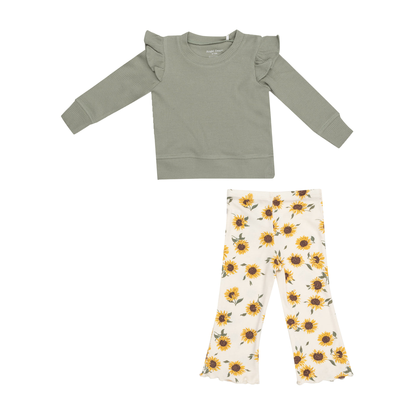 Ruffle Shoulder Waffle Shirt  With Flare Pant - Baby Sunflowers-Angel Dear