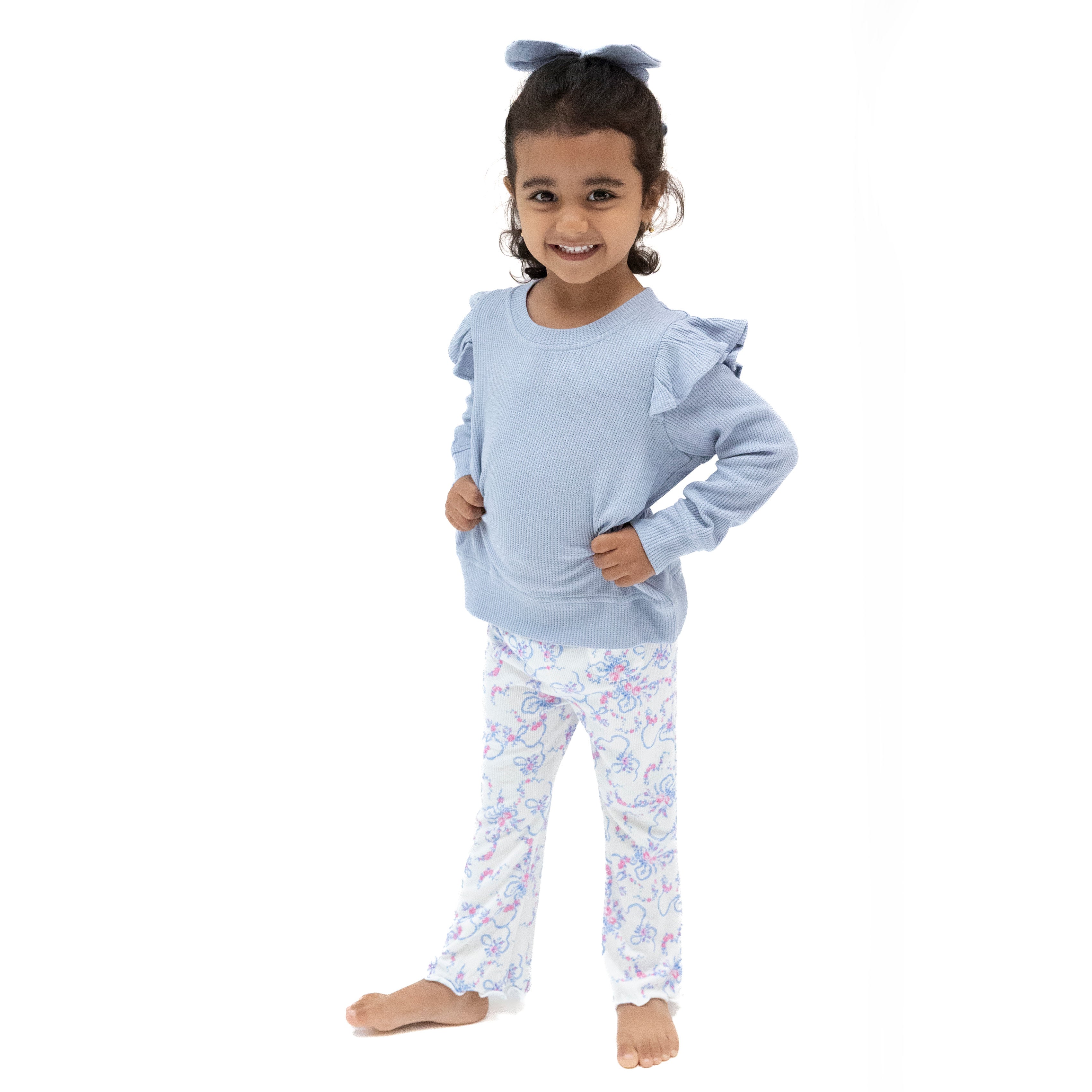 Ruffle Shoulder Shirt and Flare Pant in our  Ribbon Floral Fling print from Angel Dear