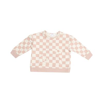 Sweatshirt W/ Shoulder Placket + Kanga Pocket - Checkerboard Pink