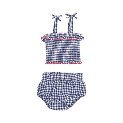 Smocked Ruffle Top and Bloomer - Navy Gingham