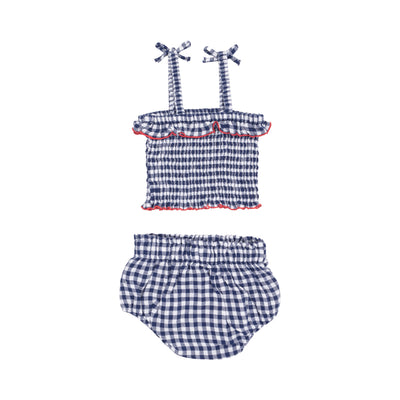 Smocked Ruffle Top and Bloomer - Navy Gingham