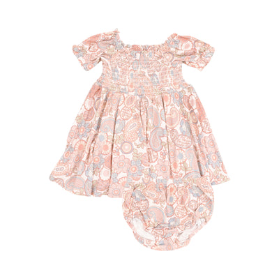 Puff Sleeve  Smocked Dress and Diaper Cover - Folk Paisley