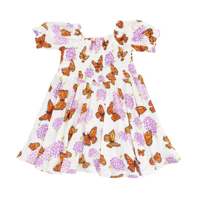 Puff Sleeve Smocked Dress with Diaper Cover - Monarch Butterflies and Milkweed