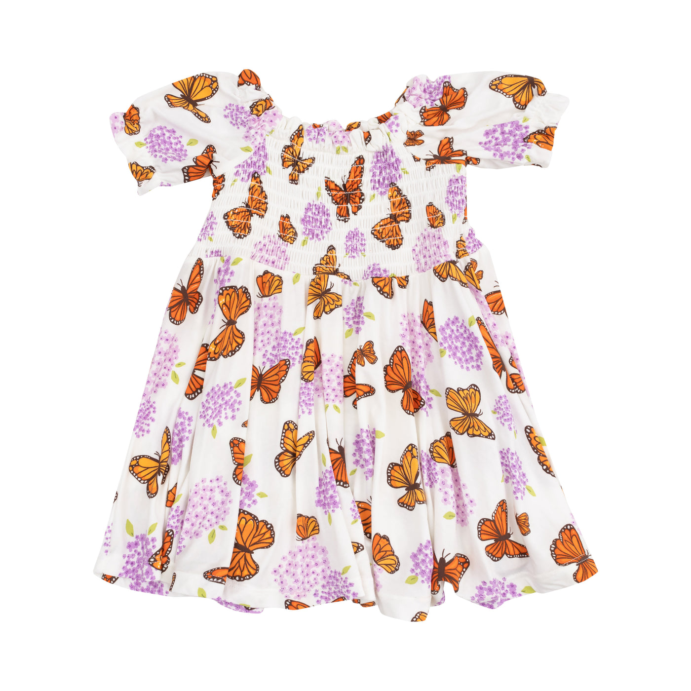 Puff Sleeve Smocked Dress with Diaper Cover - Monarch Butterflies and Milkweed