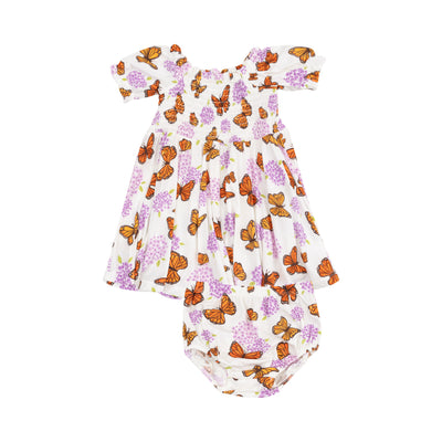 Puff Sleeve Smocked Dress with Diaper Cover - Monarch Butterflies and Milkweed