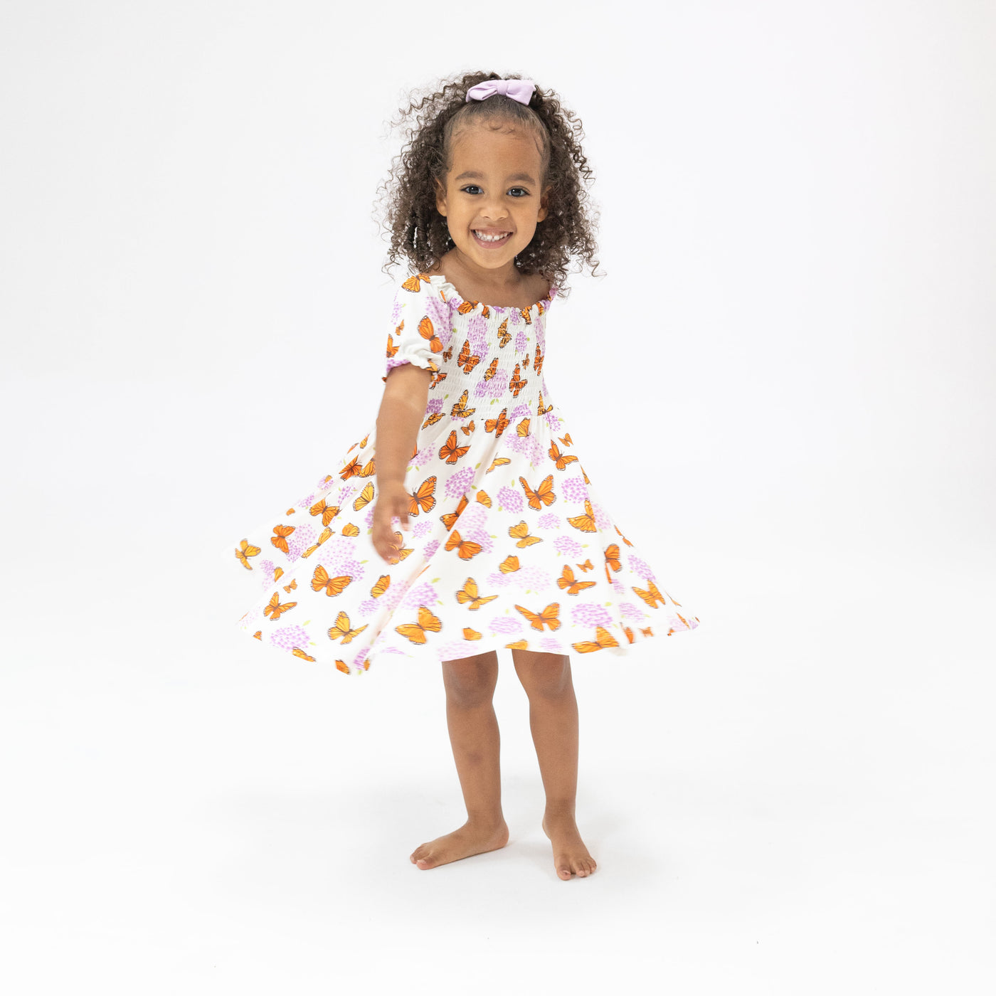 Puff Sleeve Smocked Dress with Diaper Cover - Monarch Butterflies and Milkweed