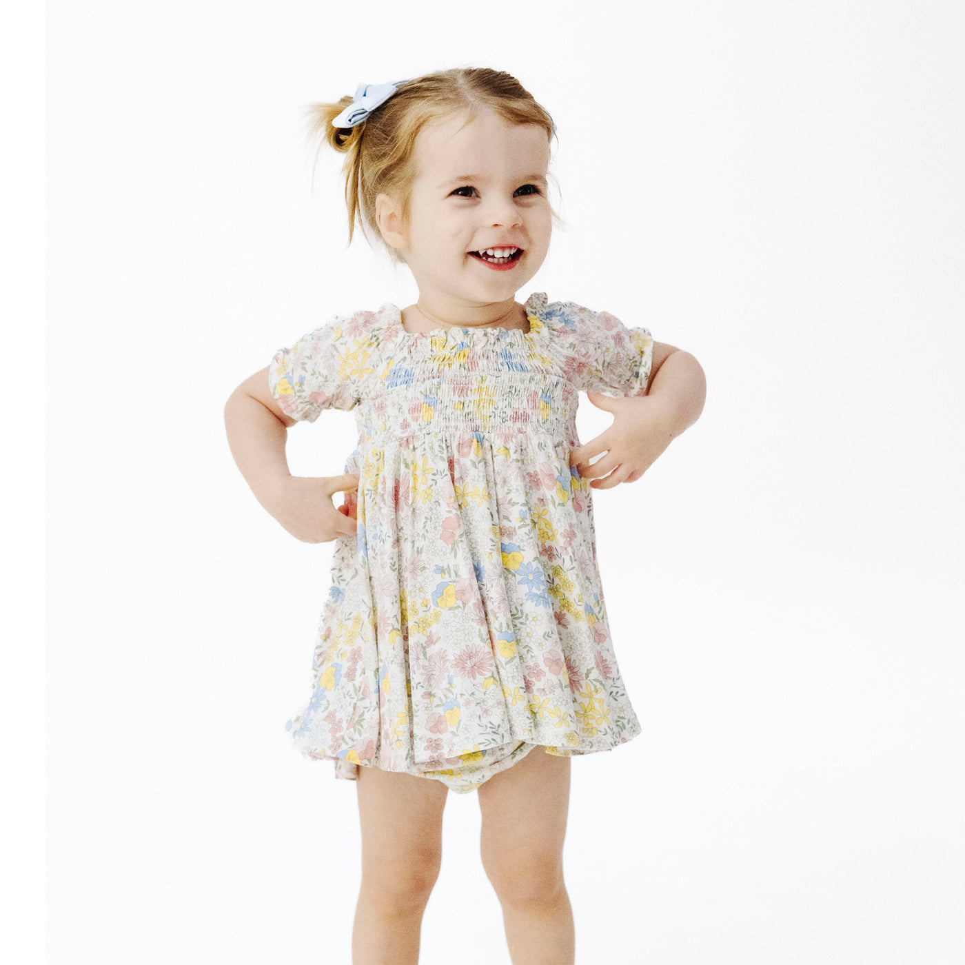 Puff Sleeve Smocked Dress and Diaper Cover - Viola Floral