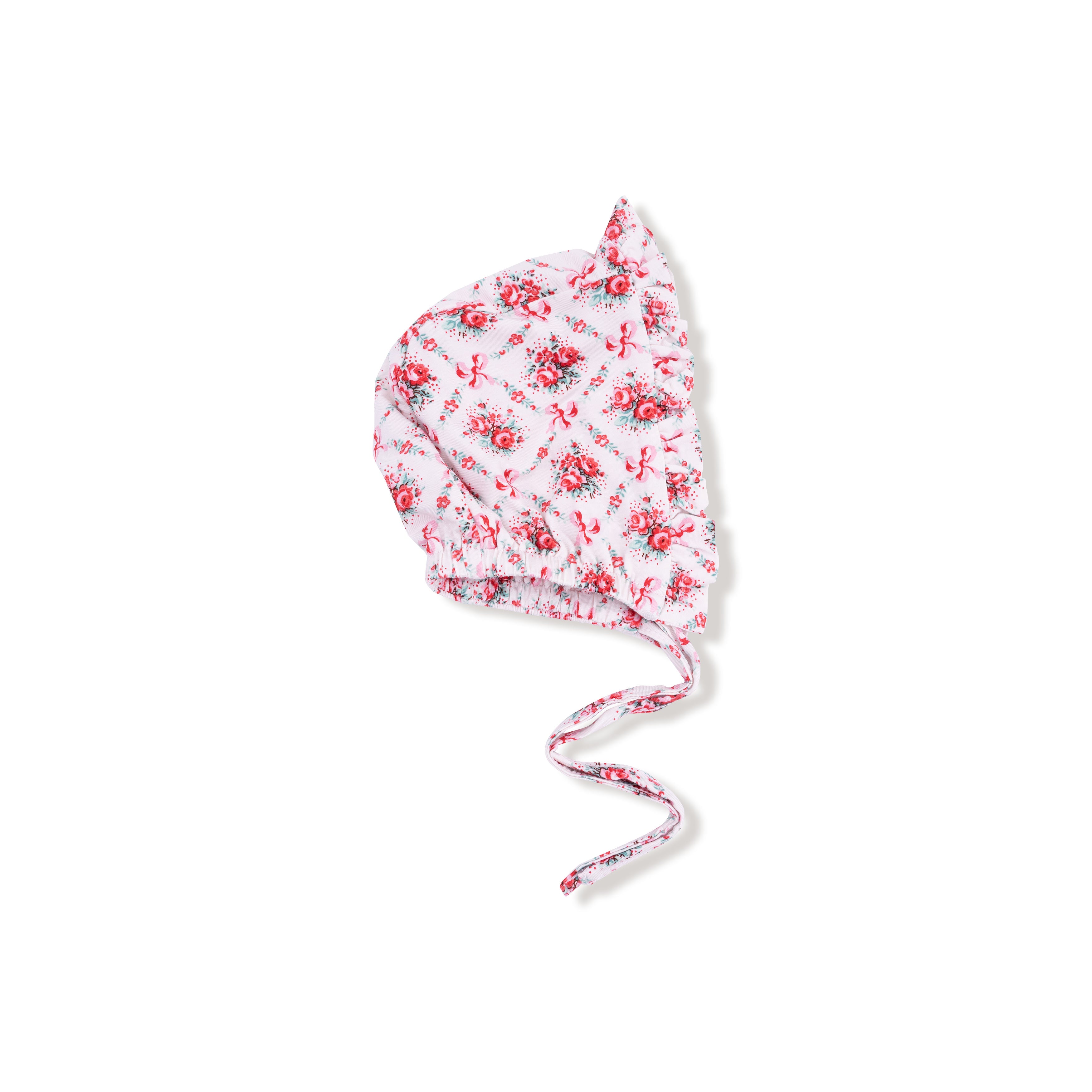 Ruffle Bonnet in our  Rose Bow Lattice print from Angel Dear