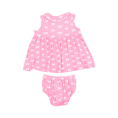 The Jill Peter Pan Button Front Dress with Ric Rac Trim and Diaper Cover - Pink Bows