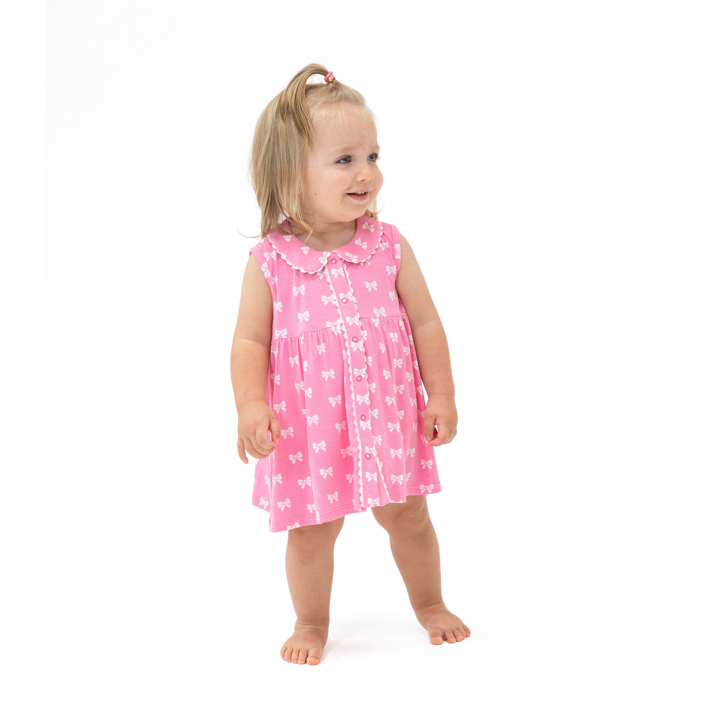 The Jill Peter Pan Button Front Dress with Ric Rac Trim and Diaper Cover - Pink Bows