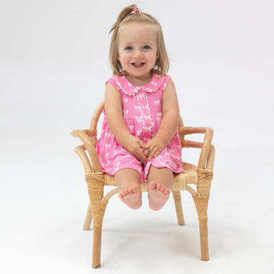 The Jill Peter Pan Button Front Dress with Ric Rac Trim and Diaper Cover - Pink Bows