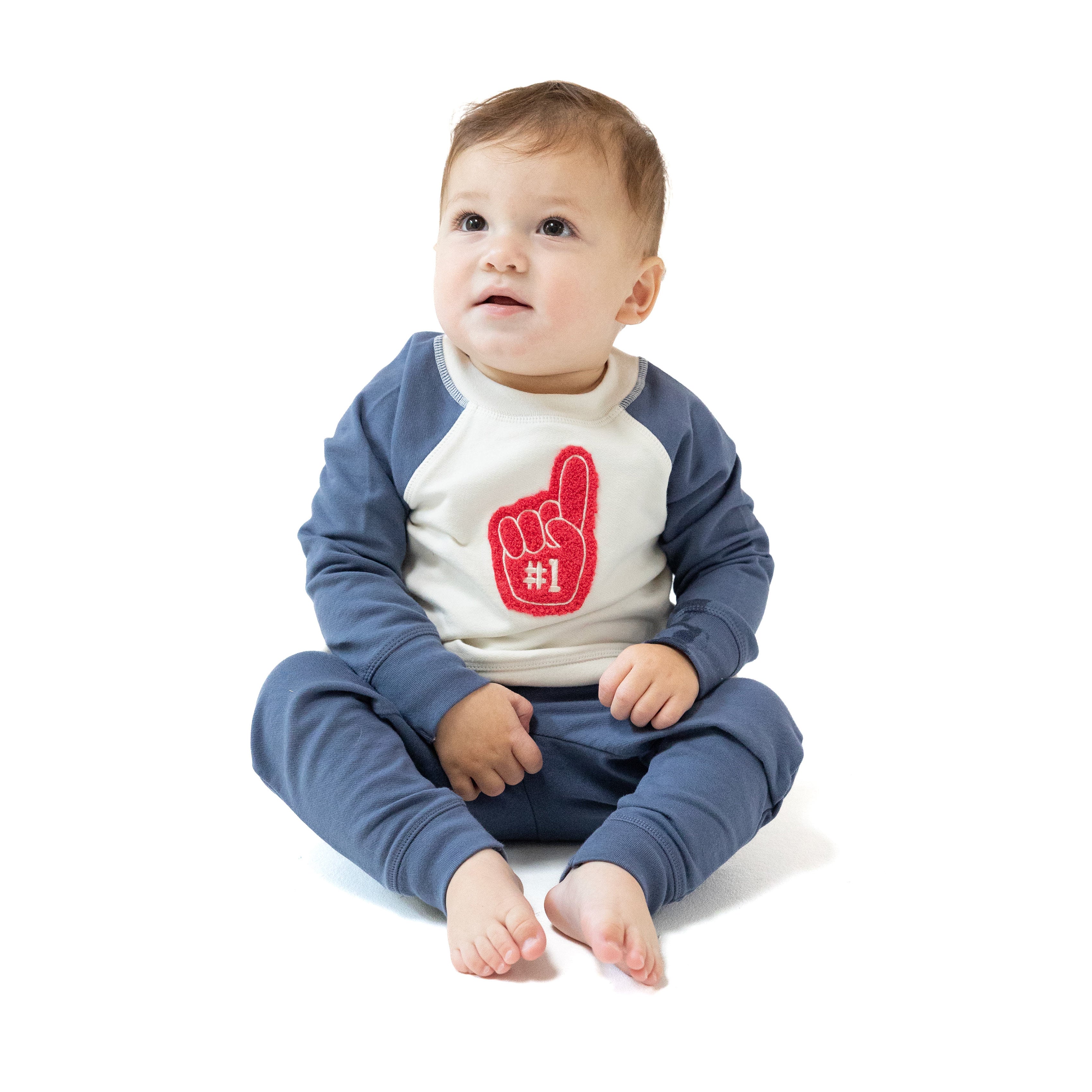 Raglan Sweatshirt with Red #1 Patch in our  Varsity - Vintage Indigo print from Angel Dear