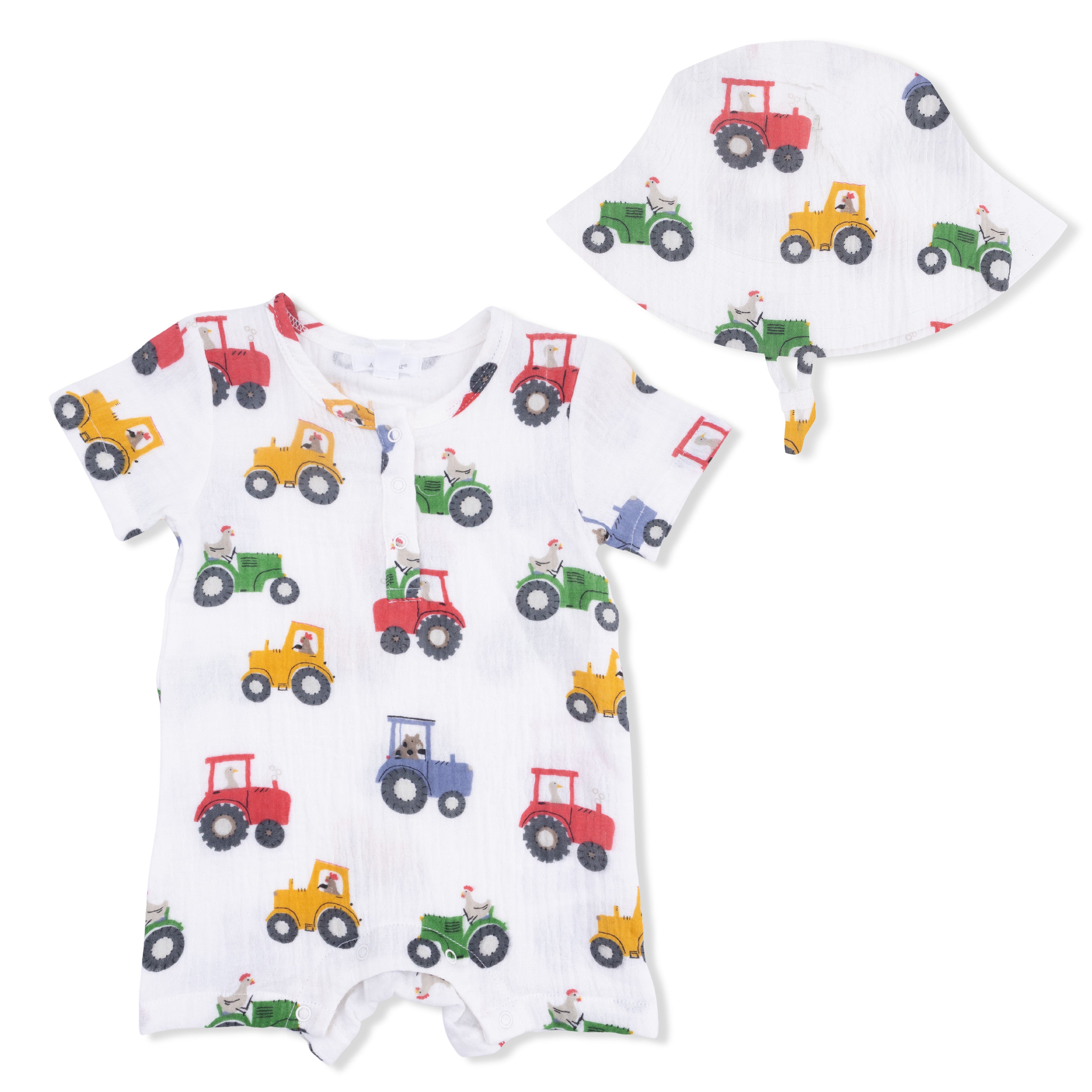 Tractor Friends - Muslin Henley Shortall with Bucket hat-Angel Dear
