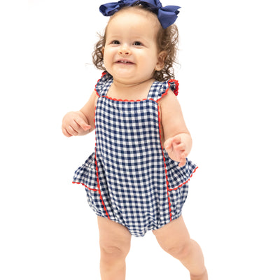 Ric-Rac Ruffle Sunsuit - Navy Gingham