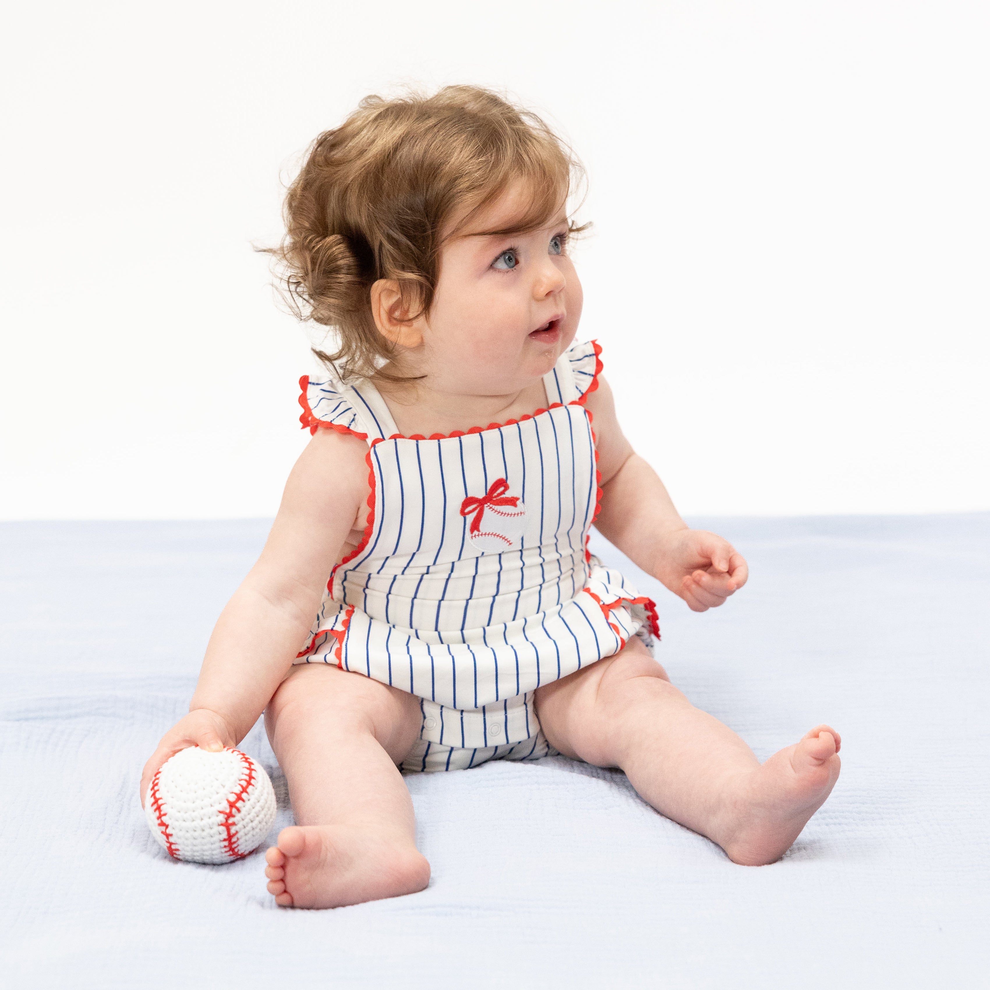 Baseball Stripe - Ric Rac Ruffle Sunsuit-Angel Dear