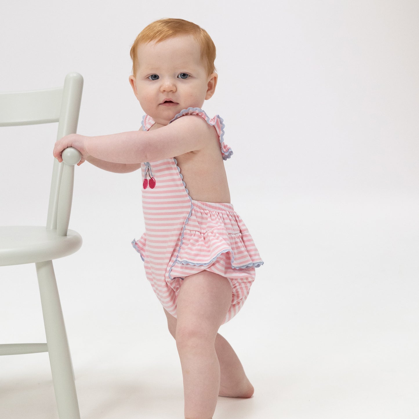 Cherry Stripe - Ric Rac Ruffle Sunsuit-Angel Dear