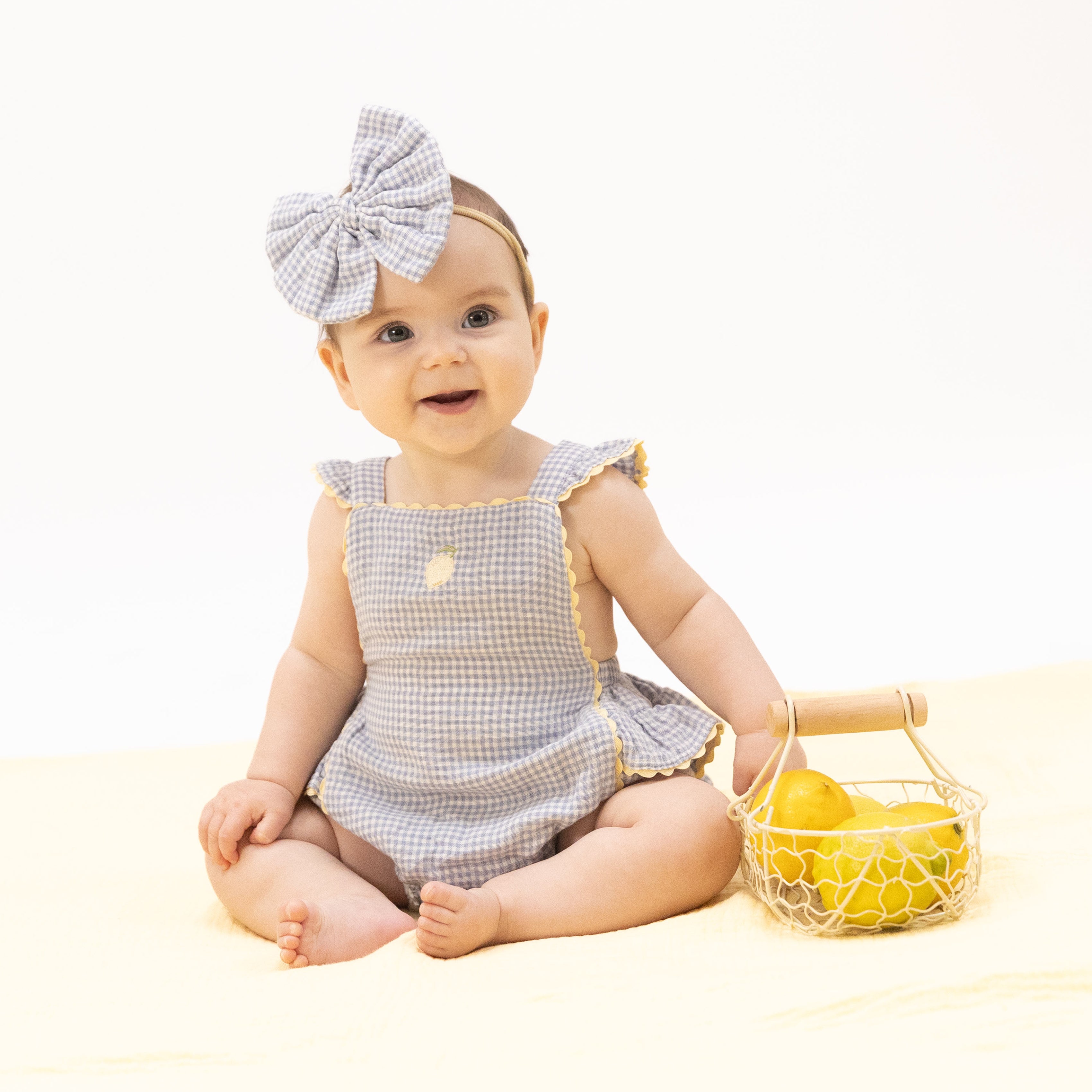 Micro Gingham Blue Blizzard - Ric Rac Ruffle Sunsuit-Angel Dear