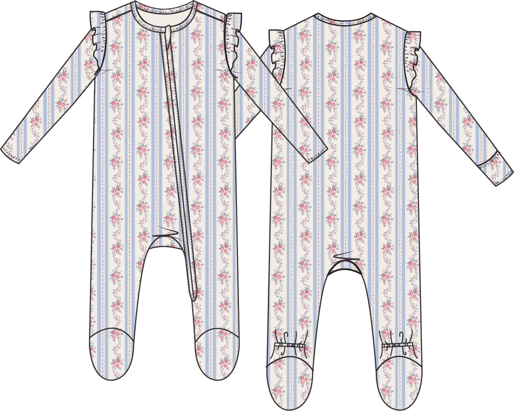 Patterned footie with ruffled sleeves on a white background