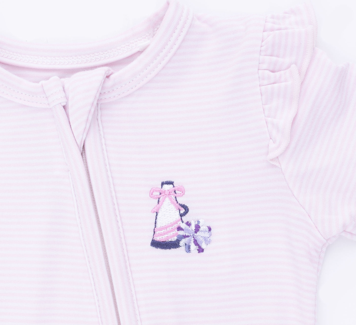 Cheer Pink Micro Stripe - 2 Way Ruffle Sleeve Zipper Footie