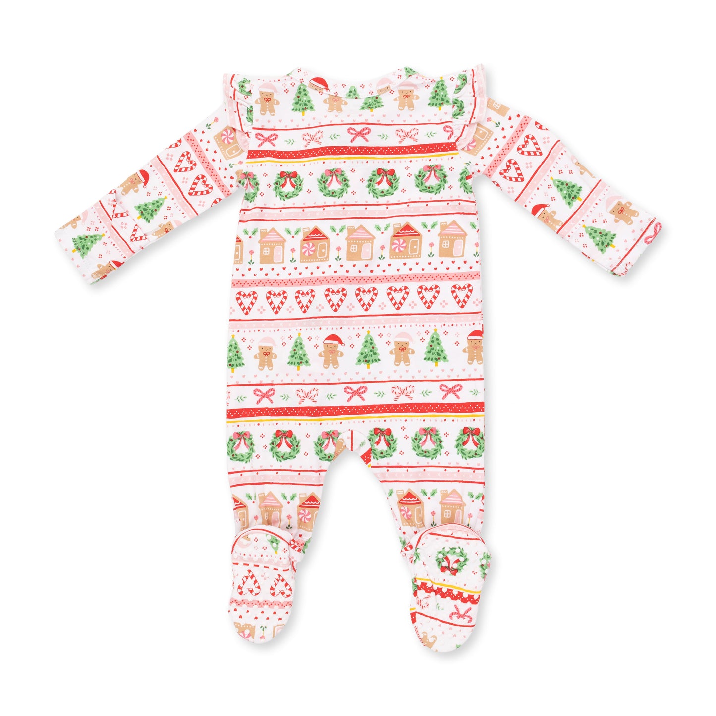 Gingerbread Fair Isle Pink - 2 Way Ruffle Sleeve Zipper Footie