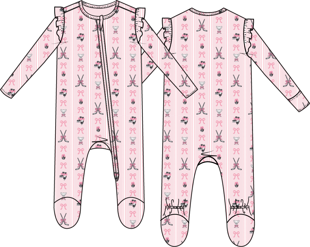 Megan's Bowtiful Hockey Stripe - 2 Way Ruffle Sleeve Zipper Footie