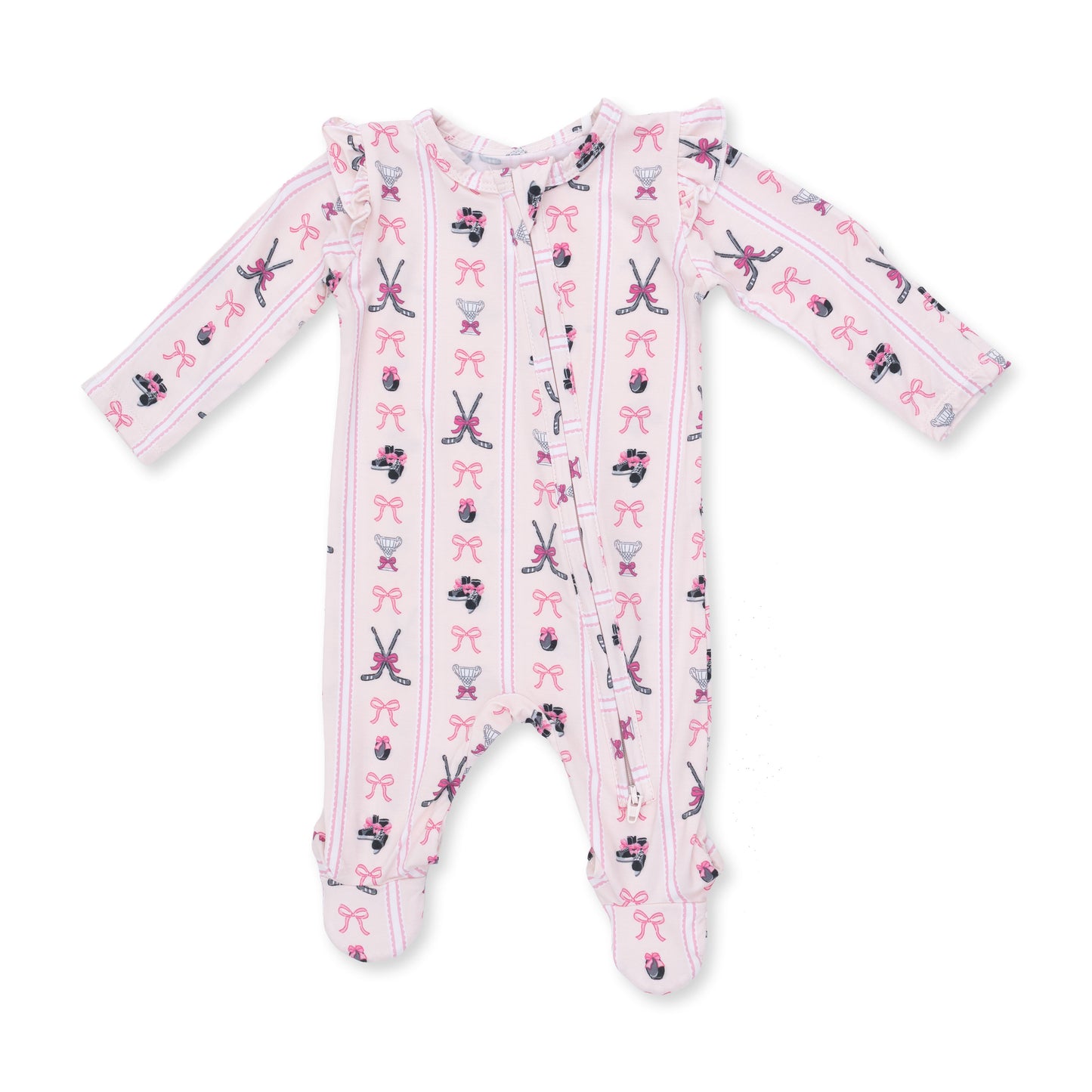 Megan's Bowtiful Hockey Stripe - 2 Way Ruffle Sleeve Zipper Footie