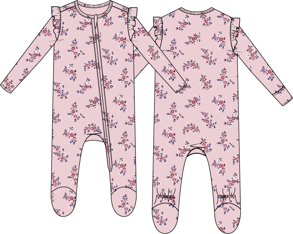 Nora Floral Velour - 2 Way Ruffle Sleeve Zipper Footie