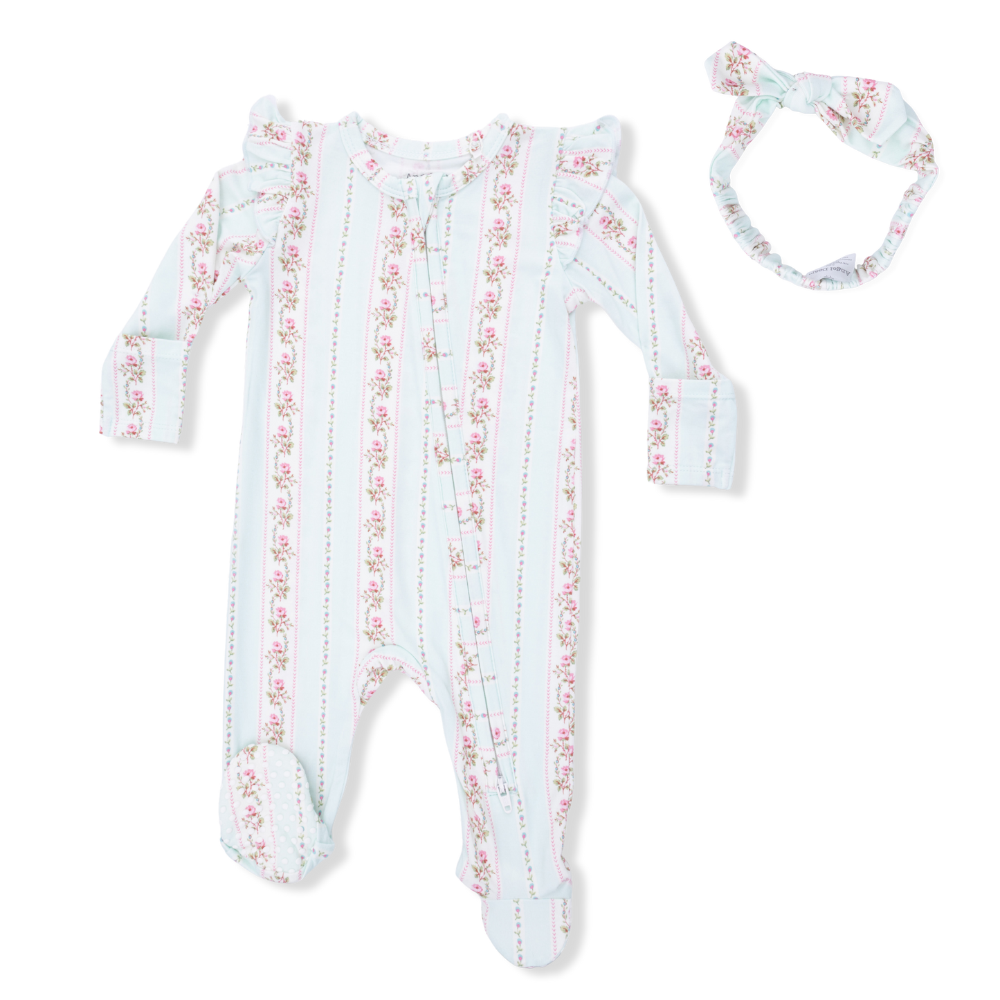 Antoinette Stripe - 2 Way Ruffle Sleeve Zipper Footie & Headband Set-Angel Dear