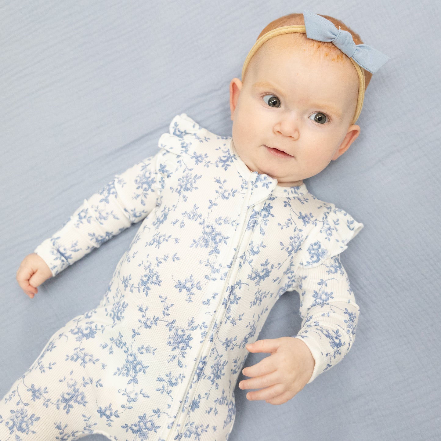Baby Blue Vines Floral - 2 Way Ruffle Sleeve Zipper Footie-Angel Dear