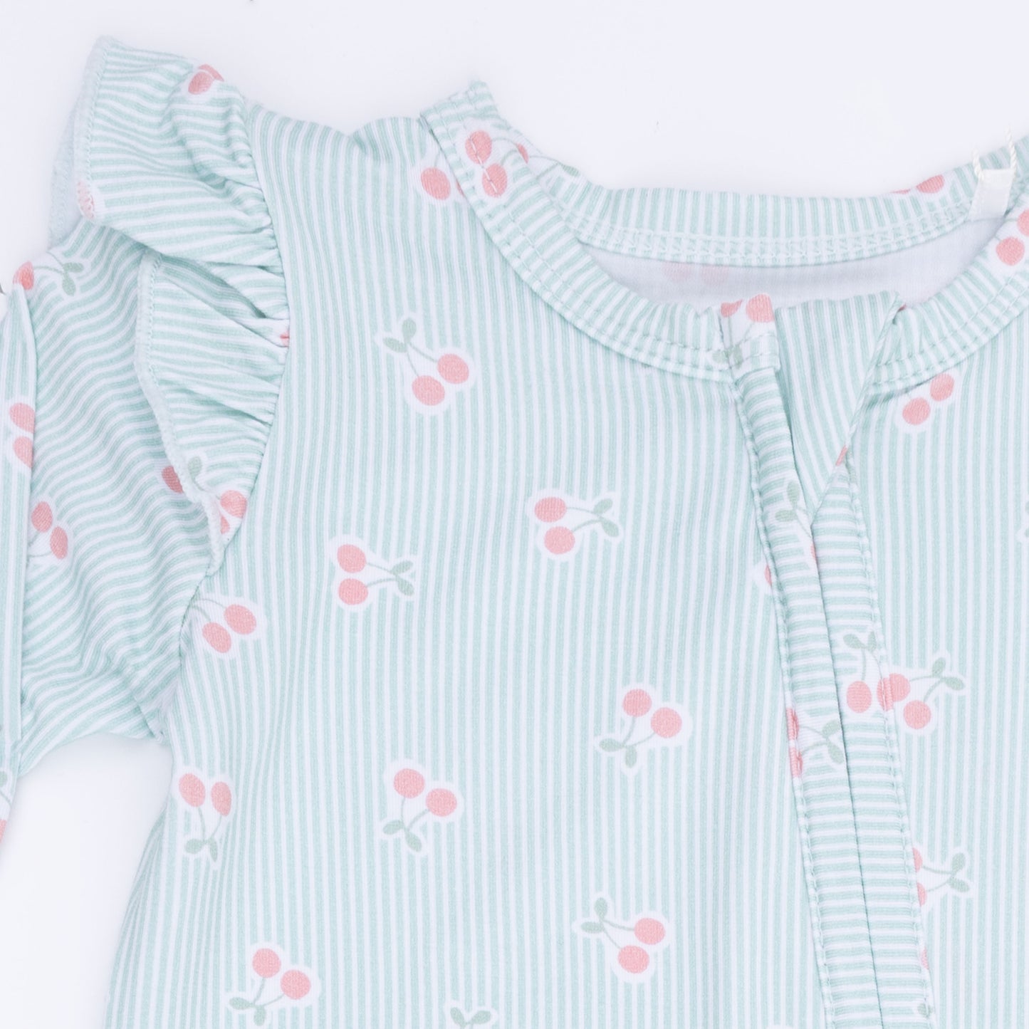 Tiny Cherry Stripe - 2 Way Ruffle Sleeve Zipper Footie