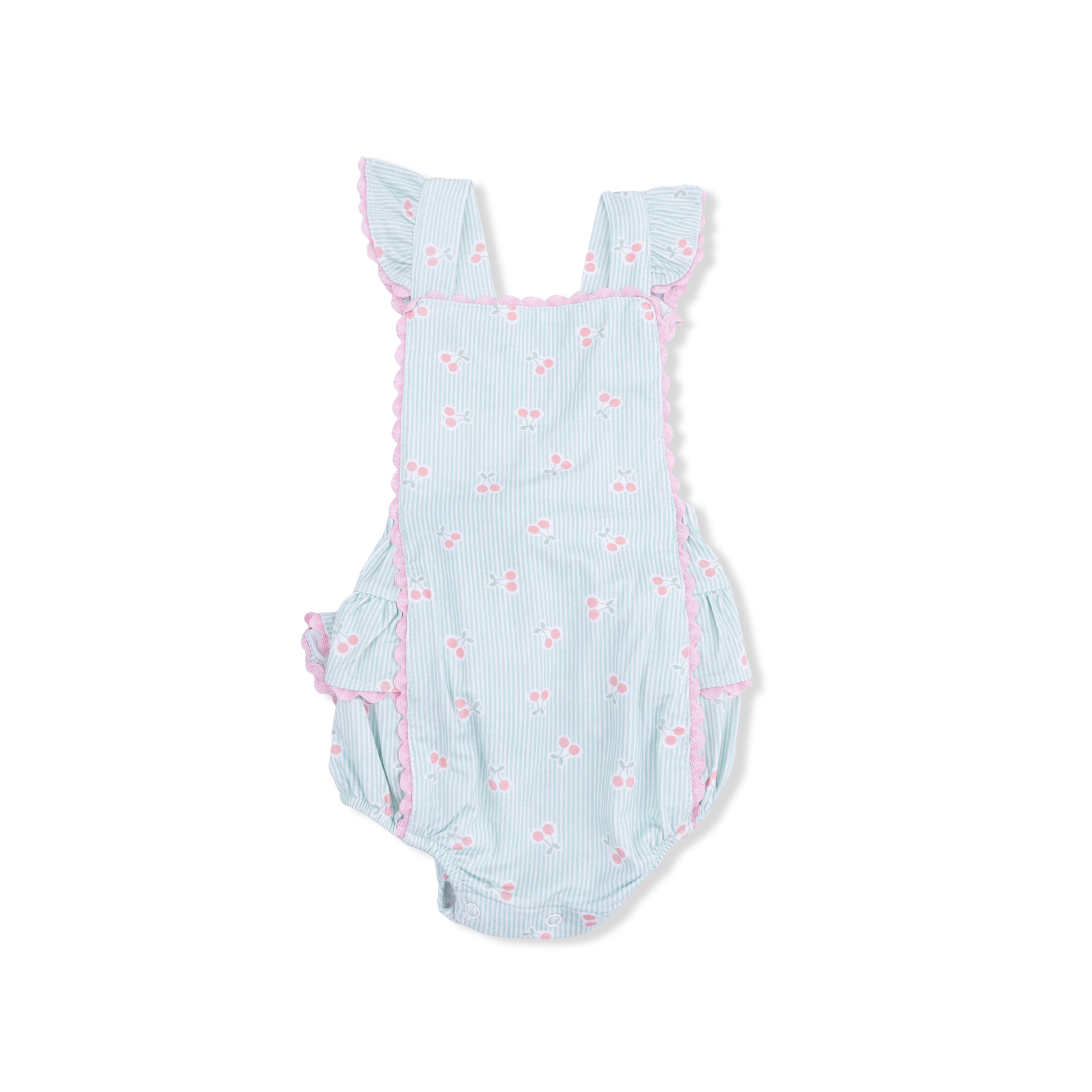 Tiny Cherry Stripe - Ric Rac Ruffle Sunsuit-Angel Dear